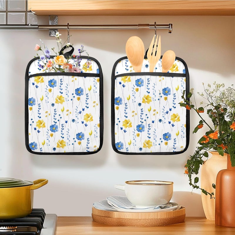 HUGANE Blue and Yellow Floral Oven Mitts Set, Blue Flower Floral Heat Resistant Kitchen Oven Gloves for Baking and Cooking,Pot Holders - Image 3